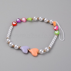 Acrylic Heart Beaded Mobile Straps, with Plastic Imitation Pearl Round Beads, Mixed Color, 177mm(HJEW-WH0011-35)