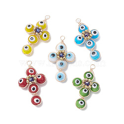 Brass Wire Wrapped Handmade Evil Eye Lampwork Pendants, with Glass Beads, Cross Charm, Mixed Color, 40x24x8.5mm, Hole: 3mm, 5pcs/set(PALLOY-TA00036)