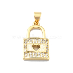 Brass Micro Pave Clear Cubic Zirconia Pendants, with Sythetic Opal, Lock with Gollow Heart, Real 18K Gold Plated, 20x12.5x3.5mm, Hole: 4x3.5mm(KK-A221-10G)