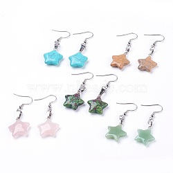 Natural & Synthetic Mixed Gemstone Dangle Earrings, with 304 Stainless Steel Earring Hooks, Star, 52~53mm, Pin: 0.6mm(EJEW-JE02727)