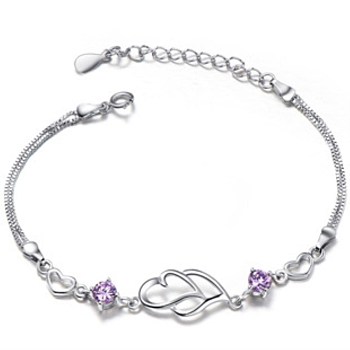 Brass Heart Link Bracelets for Women, with Cubic Zirconia, Platinum, 5-7/8 inch(15cm)