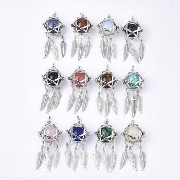 Alloy Cage Big Pendants, Hollow Round, with Mixed Stone Round Beads, Antique Silver, Woven Net/Web with Feather, Mixed Color, 57~58x24x16.5mm, Hole: 8.5x3.5mm, Inner Diameter: 17mm, Bead: 15.5~16mm