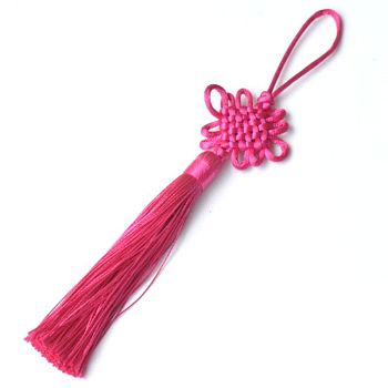 Polyester Tassel Pendant Decorations, Chinese Knots, Cerise, 200~220x47~53mm