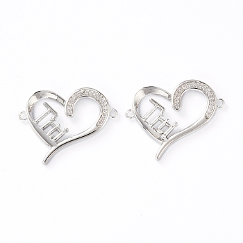 Brass Micro Pave Clear Cubic Zirconia Links, Long-Lasting Plated, Heart with Word Titi, Platinum, 22x26x3mm, Hole: 1.2mm