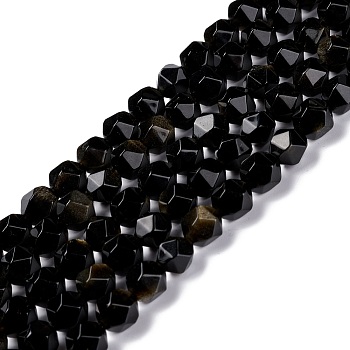 Natural Golden Sheen Obsidian Beads Strands, Polygon, Faceted, 7x8mm, Hole: 1mm, about 49pcs/strand, 15.55''(39.5cm)