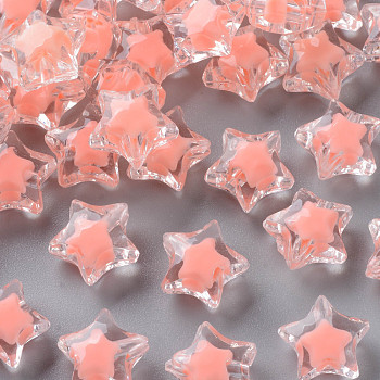 Transparent Acrylic Beads, Bead in Bead, Faceted, Star, Salmon, 14x15x8.5mm, Hole: 2mm, about 518pcs/500g