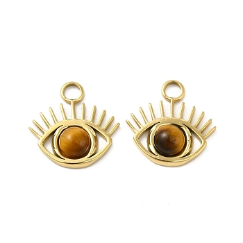 Natural Tiger Eye Stone Eye Charms, with Vacuum Plating Real 18K Gold Plated 201 Stainless Steel Findings, 15x14.5x3.5mm, Hole: 2.5mm