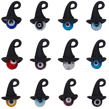 40Pcs Handmade Evil Eye Lampwork Round Pendants, with Halloween Theme Alloy Findings, 3D Magic Hat, Mixed Color, 16x11mm, Hole: 1.5x2mm