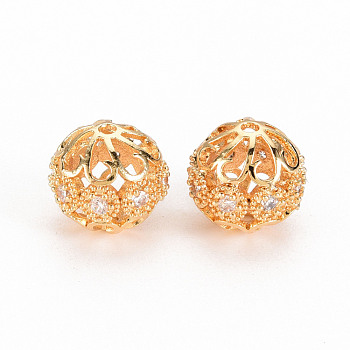 Hollow Brass Micro Pave Clear Cubic Zirconia Beads, Nickel Free, Round, Real 18K Gold Plated, 10x9.5mm, Hole: 1.2mm