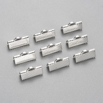 Iron Ribbon Crimp Ends, Silver Color Plated, about 8mm long, 16mm wide, Hole: 1mm