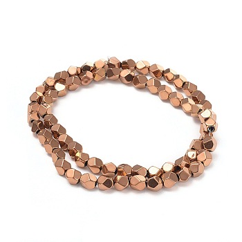 Electroplate Non-magnetic Synthetic Hematite Beads Strands, Polygon, Rose Gold Plated, 5.5~6x5.5~6mm, Hole: 1.6mm, about 69pcs/strand, 15.3 inch(39cm)