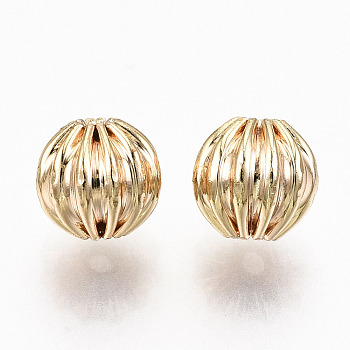 Brass Corrugated Beads, Nickel Free, Round, Real 18K Gold Plated, 6mm, Hole: 1.2mm