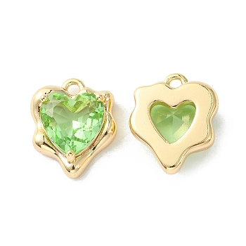 Brass Micro Pave Cubic Zirconia Charms, Heart Charm, Real 18K Gold Plated, Green, 13x11x4.5mm, Hole: 1.2mm