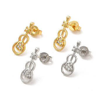 Rack Plating Brass Micro Pave Clear Cubic Zirconia Violin Stud Earrings, Long-Lasting Plated, Lead Free & Cadmium Free, Mixed Color, 15.5x5.5mm, Pin: 0.7mm