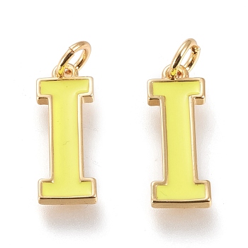 Brass Enamel Pendants, with Jump Ring, Long-Lasting Plated, Real 18K Gold Plated, Letter.I, Champagne Yellow, Letter.I, I: 18x6.5x1.8mm, Jump Rings: Inner Diameter: 3mm