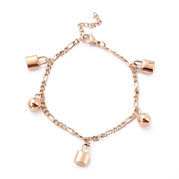 304 Stainless Steel Charm Bracelets, with Figaro Chains and 201 Stainless Steel Findings, Rose Gold, 7-1/8 inch(18cm)