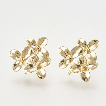 Brass Ear Stud Findings, with Loop, Flower, Nickel Free, Real 18K Gold Plated, 14.5x15mm, Hole: 1mm, Pin: 0.8mm
