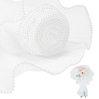 Polyester Flower Bouquet Wrapping Mesh Paper, with ABS Plastic Imitation Pearl Edge, Bouquet Packaging Paper Wrinkled Wavy Net Yarn, for Valentine's Day, Wedding, Birthday Decoration, White, 4000x150mm