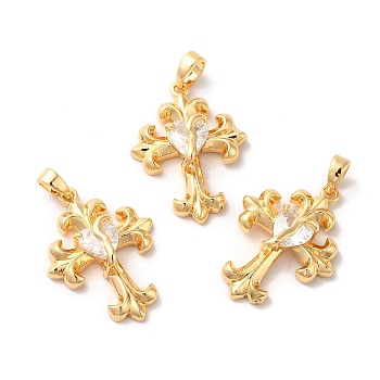 Brass Micro Pave Cubic Zirconia Pendants, Cross, Real 18K Gold Plated, 24x18x6mm, Hole: 4.6x2.5mm