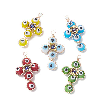 Brass Wire Wrapped Handmade Evil Eye Lampwork Pendants, with Glass Beads, Cross Charm, Mixed Color, 40x24x8.5mm, Hole: 3mm, 5pcs/set