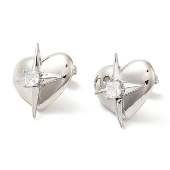 Rack Plating Brass Heart with Star Stud Earrings with Clear Cubic Zirconia Earring for Women, Lead Free & Cadmium Free, Platinum, 20x19.5mm