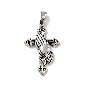 Tibetan Style 304 Stainless Steel Pendants, Religion Charm, Cross with Praying Hand, Antique Silver, 37.5x24x4mm, Hole: 5x7mm