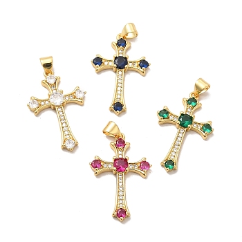 Rack Plating Brass Micro Pave Cubic Zirconia Pendants, Long-Lasting Plated, Lead Free & Cadmium Free, Cross Charm, Real 18K Gold Plated, Mixed Color, 30x19x3.5mm, Hole: 4X5mm