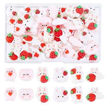 ARRICRAFT 48Pcs 6 Styles Opaque Resin Cabochons, Rabbit with Strawberry & Pig, Mixed Color, 17~23x17~26x7~8.5mm, 8pcs/style