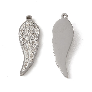 201 Stainless Steel Pendants, Crystal Rhinestone Wing Charms, Stainless Steel Color, 22.5x7x2mm, Hole: 1mm