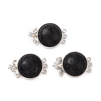 Natural Lava Rock Box Clasps, with Brass Finding, Flat Round, Platinum, 26.5x17.5x8~9mm, Hole: 1mm