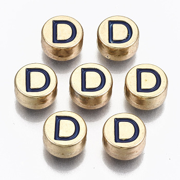 Alloy Enamel Beads, Cadmium Free & Lead Free, Flat Round with Initial Letters, Light Gold, Prussian Blue, Letter.D, 8x4mm, Hole: 1.5mm