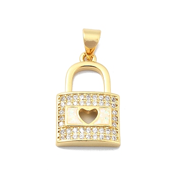 Brass Micro Pave Clear Cubic Zirconia Pendants, with Sythetic Opal, Lock with Gollow Heart, Real 18K Gold Plated, 20x12.5x3.5mm, Hole: 4x3.5mm