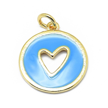 Brass Enamel Pendants, Round with Cut Out Heart, Real 18K Gold Plated, Long-Lasting Plated, Dodger Blue, 18x15.5x1mm, Hole: 3mm, Jump rings: 5x0.7mm