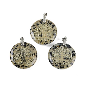 Natural Dalmatian Jasper Flat Round Pendants, Tree of Life Charms with Rack Plating Platinum Tone Brass Snap on Bails, Cadmium Free & Lead Free, 30.5~32x25~25.5x6.5~7.5mm, Hole: 4.5x3.5mm