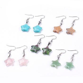 Natural & Synthetic Mixed Gemstone Dangle Earrings, with 304 Stainless Steel Earring Hooks, Star, 52~53mm, Pin: 0.6mm