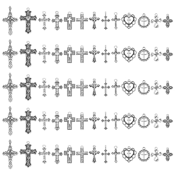 WADORN 130Pcs 13 Styles Tibetan Style Cross Alloy Pendants, Mixed Shapes, Antique Silver, 19~38x11.5~20x1.5~4mm, Hole: 1.2~2.5mm, 10pcs/style