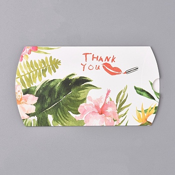 Paper Pillow Boxes, Gift Candy Packing Box, Flower Pattern & Word Thank You, White, Box: 12.5x7.6x1.9cm, Unfold: 14.5x7.9x0.1cm