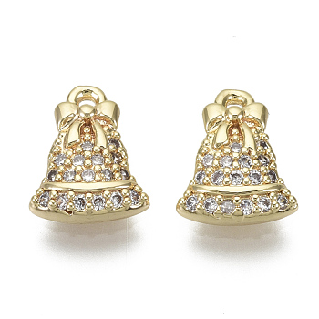Brass Micro Pave Clear Cubic Zirconia Charms, for Christmas, Nickel Free, Bell, Real 18K Gold Plated, 11x8x2mm, Hole: 1mm