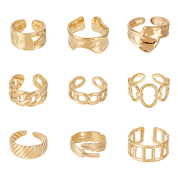 9Pcs 9 Style Titanium Steel Open Cuff Ring for Women, Golden, Inner Diameter: 17~18.3mm, 1pc/style