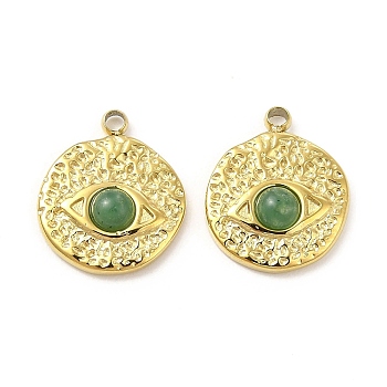 Natural African Jade Flat Round with Eye Charms, with Vacuum Plating Real 18K Gold Plated 201 Stainless Steel Findings, 12x10x3mm, Hole: 1.2mm