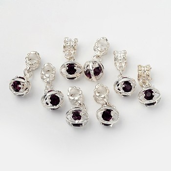 Alloy European Dangle Pendants, with Brass Rhinestone, Silver Color Plated, Oval, Amethyst, 25.5mm, Hole: 4.5mm