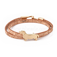 Imitation Leather Puppy Wrap Bracelets, 2-Loops, with Alloy Sausage Dog/Dachshund Side Charms and Clasps, Golden, PeachPuff, 14-5/8 inches(37cm), 5.5x2mm(BJEW-G620-A03)