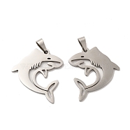 201 Stainless Steel Pendants, Dolphin Charm, Stainless Steel Color, 27x25x1.5mm, Hole: 6.5x3mm(STAS-K251-005)