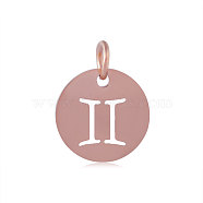 304 Stainless Steel Charms, Flat Round with Constellation/Zodiac Sign, Rose Gold, Gemini, 12x1mm, Hole: 3mm(STAS-Q201-T445-3R)