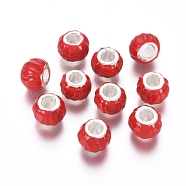 Silver Color Plated Alloy Enamel European Beads, Large Hole Rondelle Beads, Red, 10x8mm, Hole: 4mm(ENAM-J384-04S)