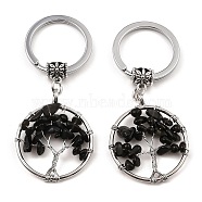 Natural Obsidian Flat Round with Tree of Life Pendant Keychain, with Iron Key Rings and Brass Finding, 6.5cm(KEYC-E023-03U)