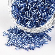 Tube Silver Lined Round Hole Glass Bugle Beads, Cornflower Blue, 3~5x1.8~2mm, Hole: 0.8mm, about 1200pcs/50g(X-SEED-I001-26)
