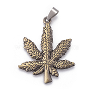 Tibetan Style Alloy Pendants, with Stainless Steel Findings, Pot Leaf/Hemp Leaf Shape, Weed Charms, Antique Bronze & Stainless steel Color, 44.5x37x2mm, Hole: 4x9mm(PALLOY-E509-37AB)