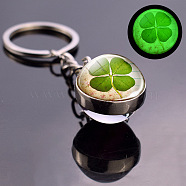 Luminous Alloy Glass Keychain, with Key Ring, Round with Clover, PapayaWhip, 8x2cm(CLOV-PW0001-077C)