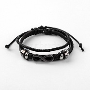 Adjustable Multi-Strand Leather Cord Bracelets, with PU Leather Cord & Alloy Findings, Infinity, Antique Silver, Black, 60mm(2-3/8 inch)(X-BJEW-D423-03A)